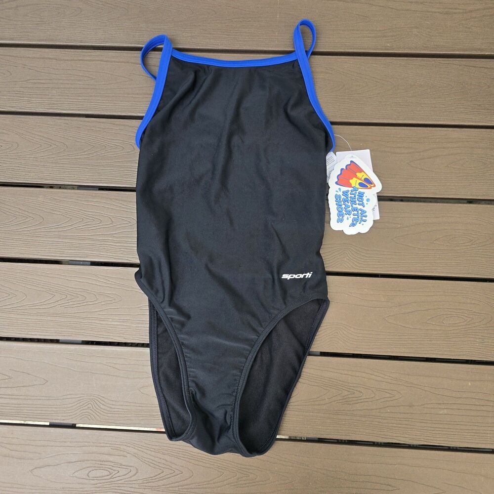 Sporti Solid Piped Thin Strap One Piece Swimsuit Black Lycra Xtra Life Sz 28 New
